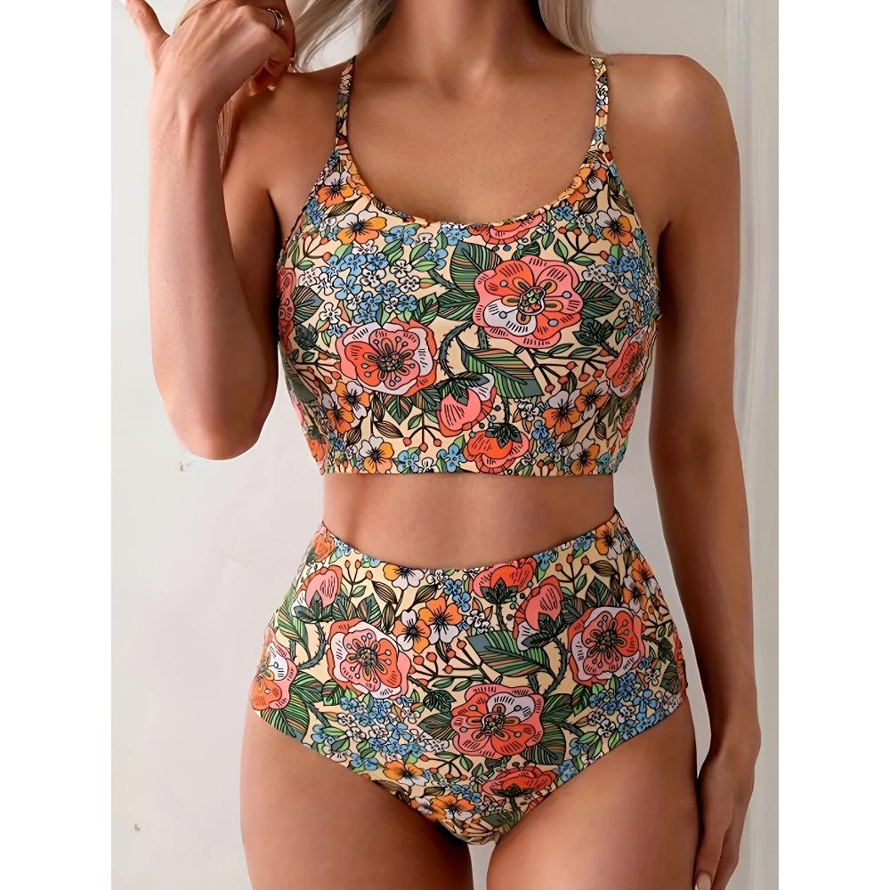 [High Stretch Floral Print Bikini] Elegant Floral Print Bikini Set for Women Swimwear