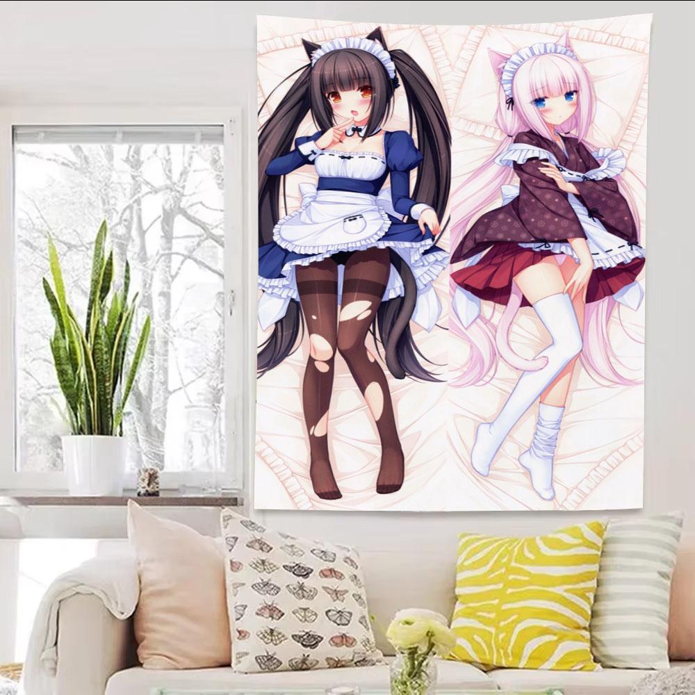 

New Cute Anime Nekopara JK Maid Girl Cartoon Tapestry Ins Style Aesthetic Wall Hanging For Girls Bedroom Decor 74x94cm(29x37in)