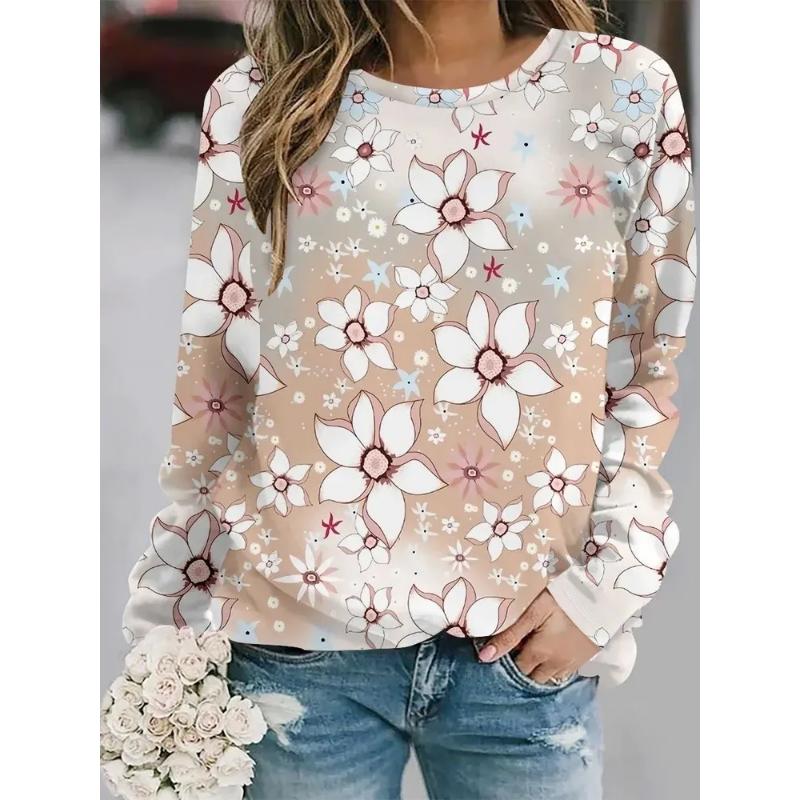 Fashion Women's Crew Neck Long Sleeve 3D Casual Color Printing Casual Long Sleeve T-Shirt