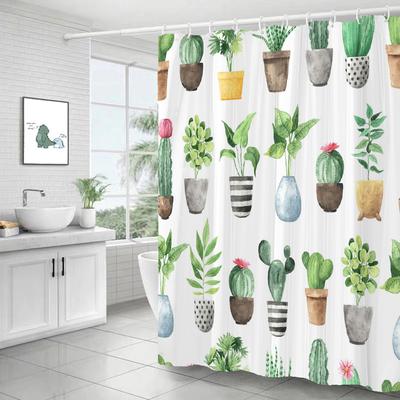 Cortina de Chuveiro Estampa Folhas de Cacto Planta Fresca Pequena Tecido Poliéster Cortina de Banho Com Ganchos Cortinas Para Decoração de Banheiro