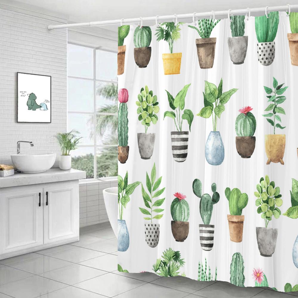 

Современная акварельная штора для душа с крючками с изображением растений, кактусов и цветов - Водонепроницаемая штора для душа для ванной комнаты, штора для украшения дома 90x180cm-35x70in