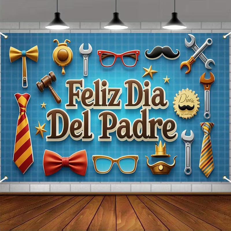 Masculine Father's Day Tapestry, Blue "Feliz Dia Del Padre" with Tools, Ties and Accessories, Festive Party Wall Art