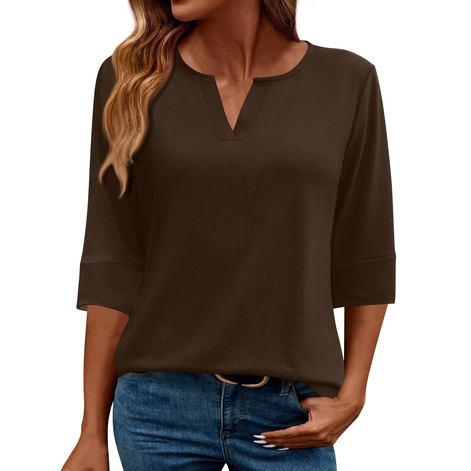 

Женская модная повседневная футболка свободного кроя с V-образным вырезом и рукавом 3/4, однотонная женская футболка XXL коричневый