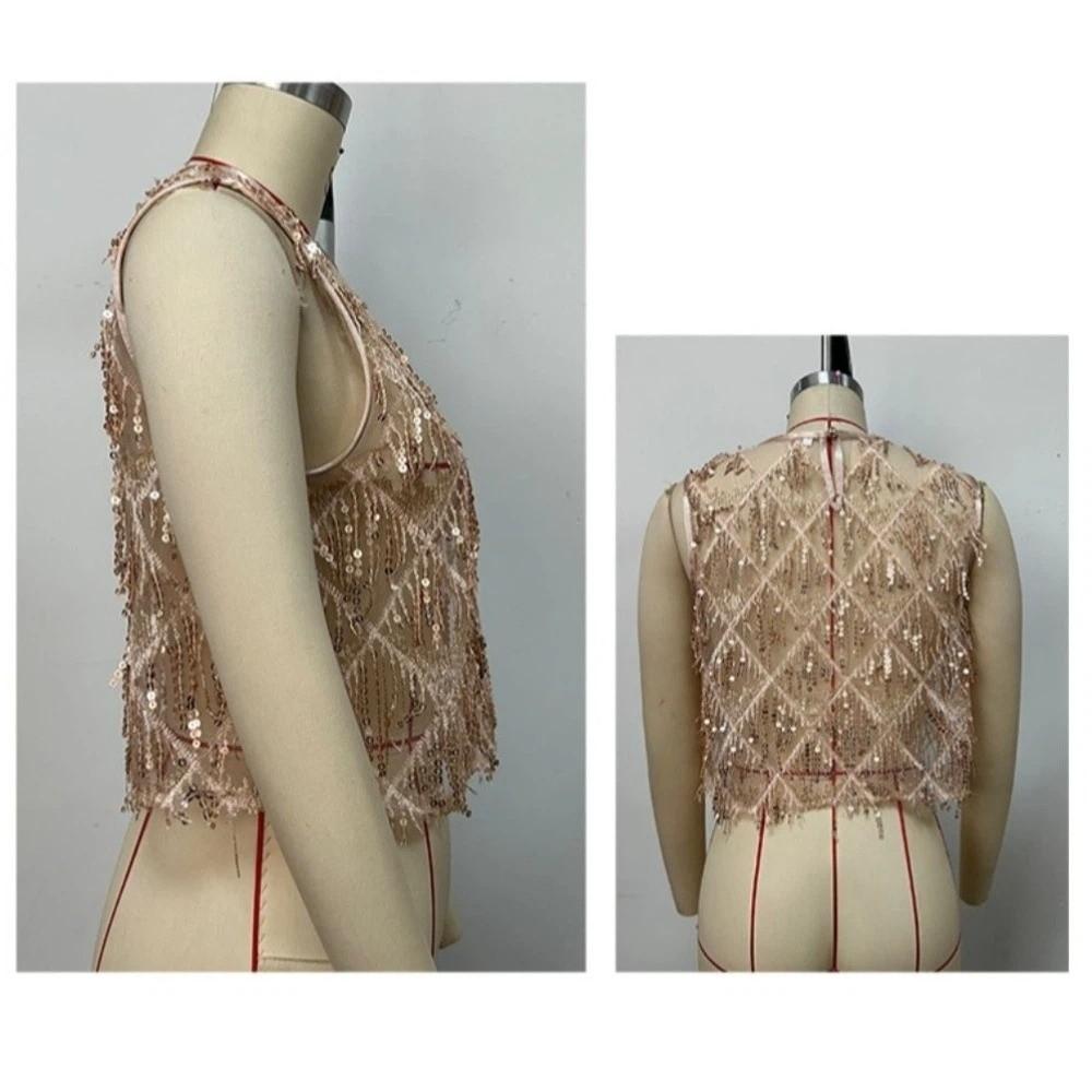 Fringe Crop Top Embroidery Sheer Camisole Chic Sequin Vest Tops  Streetwear