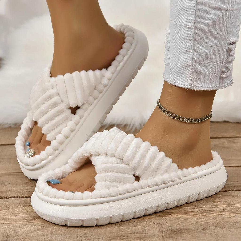 Autumn Winter Corduroy Home Slippers Women Cross Band Thick Soft Sole Slides Platform Shoes female Non Slip Indoor Slippers