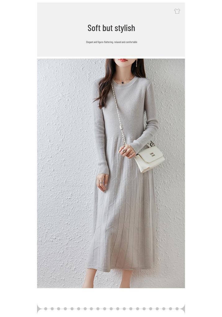Women's Long Sleeve Knee-Length Pure Wool Slimming Dress