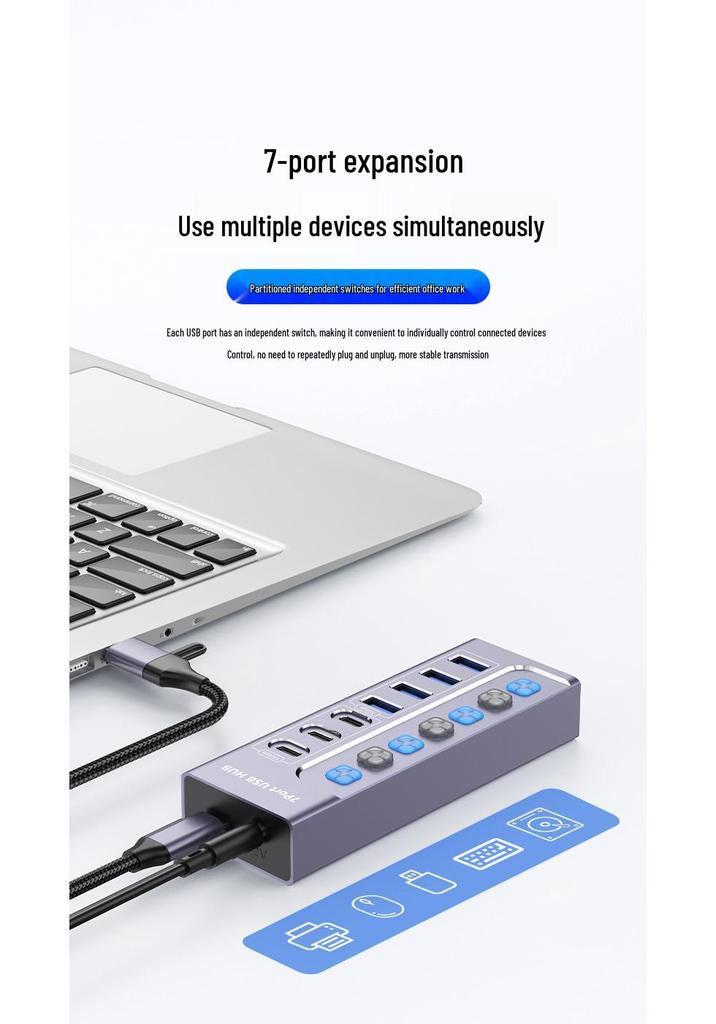 USB 3.0 7-Port Hub Splitter 10Gbps Docking Station with Independent Switches