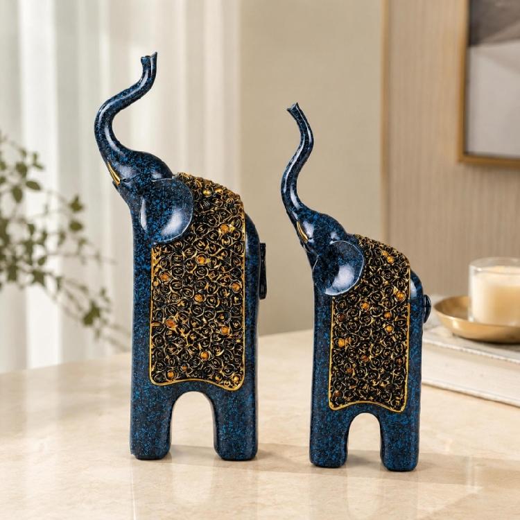 Decorative Elephant Figures, Two-Piece Sculptural Pair with Ornate Lifted-Nose Design for Office and Living Room Styling