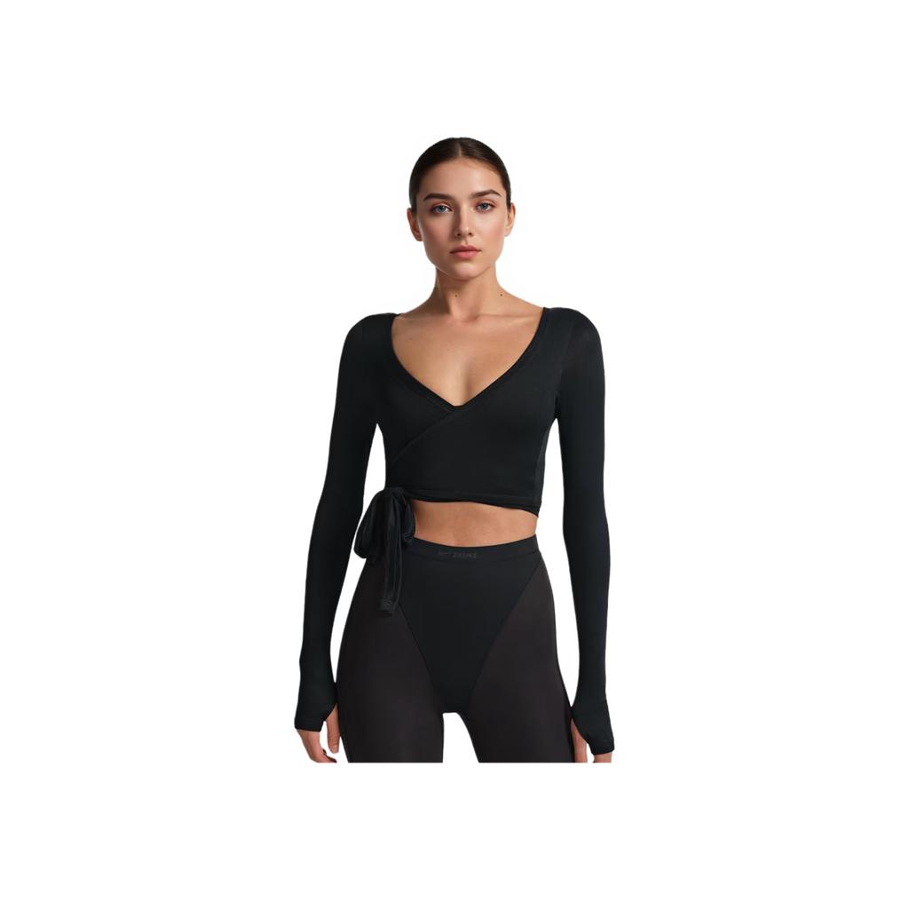 Nike X Skims Knit Stretch Long Sleeve Wrap Lightweight V Neck Cropped T Shirt Women tops LSLSL10088W-OBD