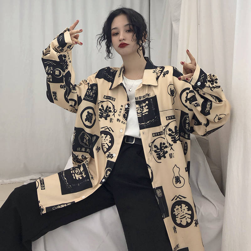 Harajuku Blouse Couple Shirt Women Men Clothing Blouses Bf Long Shirts Spring Autumn Turn-down Collar Casual Top