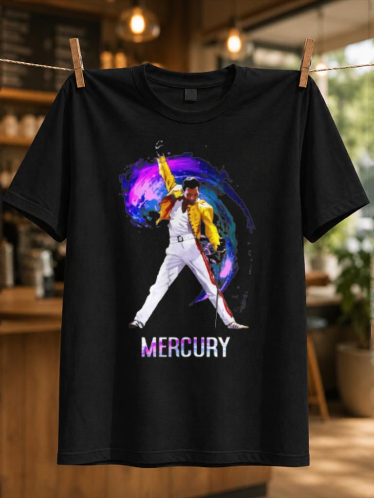 Mercury Performer Yellow Jacket Concert Pose With Colorful Purple Blue Paint Swirl And Bold Name Unisex All Tshirt
