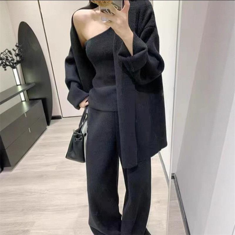 High-end Knitted Sweater Set 2025 Autumn and Winter New Cardigan + Vest + Wide-leg Pants Three-piece Set for Women