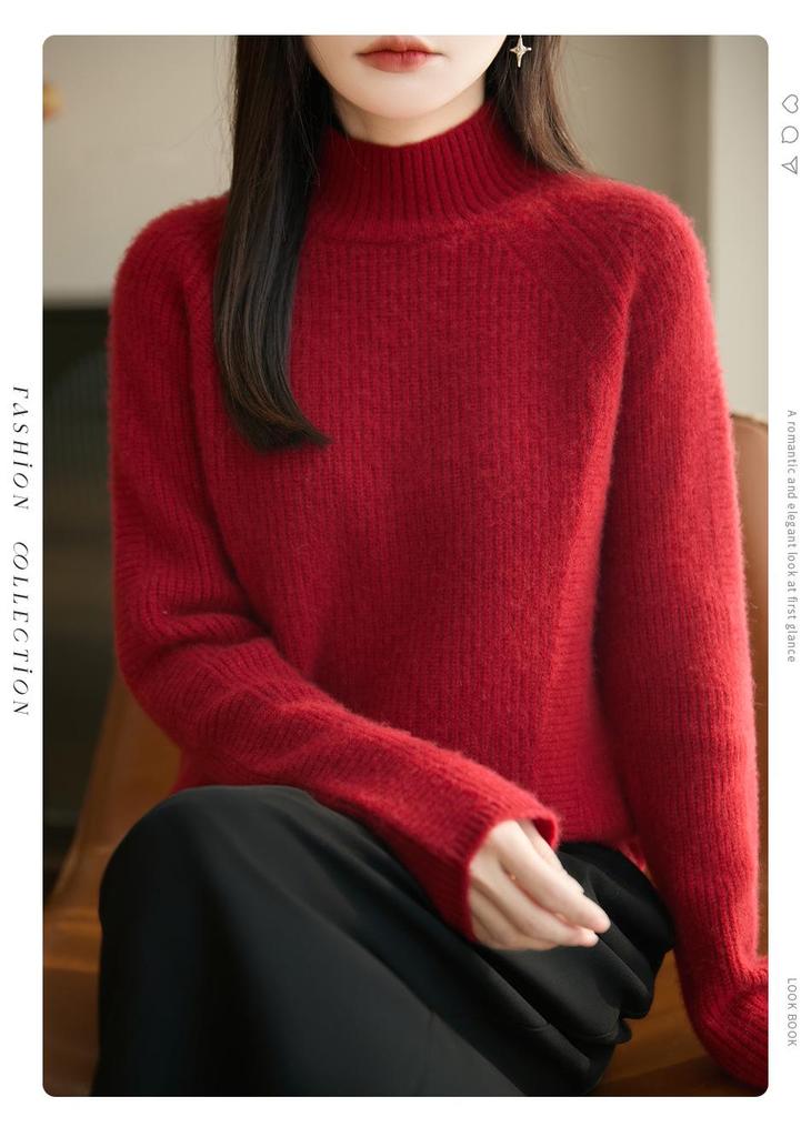 Machine-Washable Wool Blend Sweater: Thick, Warm, Raglan Sleeves, Semi-High Collar for Flattering Shoulders, Perfect for Autumn and Winter.