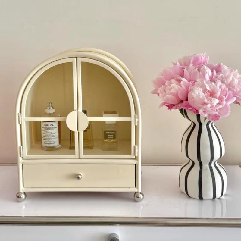 INS Arch Makeup Organizer, Wrought Iron Vanity Storage with Doors, 2-Tier Cosmetic Display Shelf, Boho  Decor&Dust-Proof Cabinet