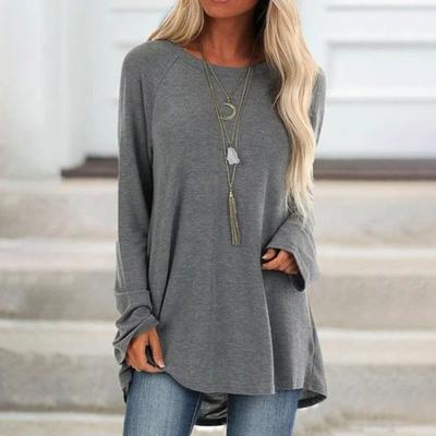 Damen Oberteile Rundhals Langarm Locker Geschnitten Einfarbig Tunika Top Lässig