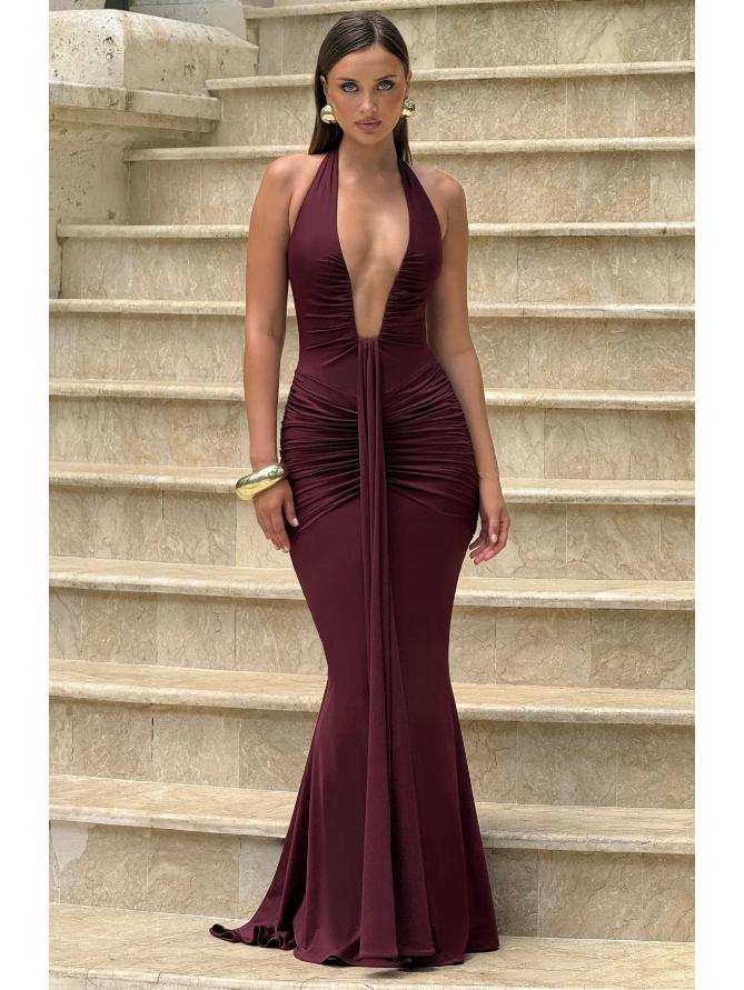 2025 Cross-Border Halter Deep V Evening Gown - Sexy Backless Long Pleated Dress