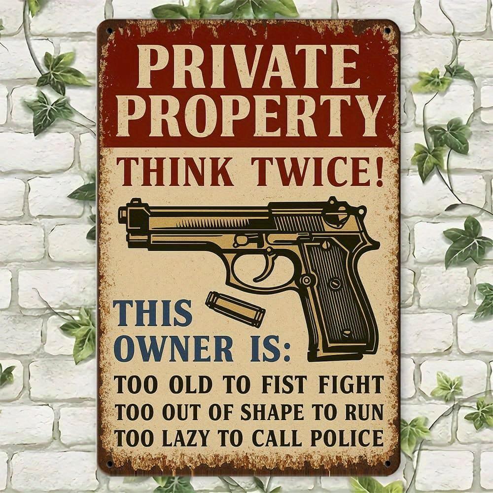 "Private Property Warning" retro metal sign, 12x8 inch.