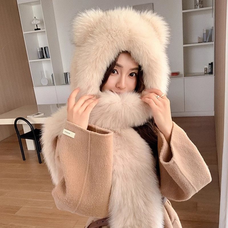Cute Bear Imitation Fox Hair Hat Scarf Gloves Three-piece Set Fur Snow Hat Women's Winter Warm Scarf