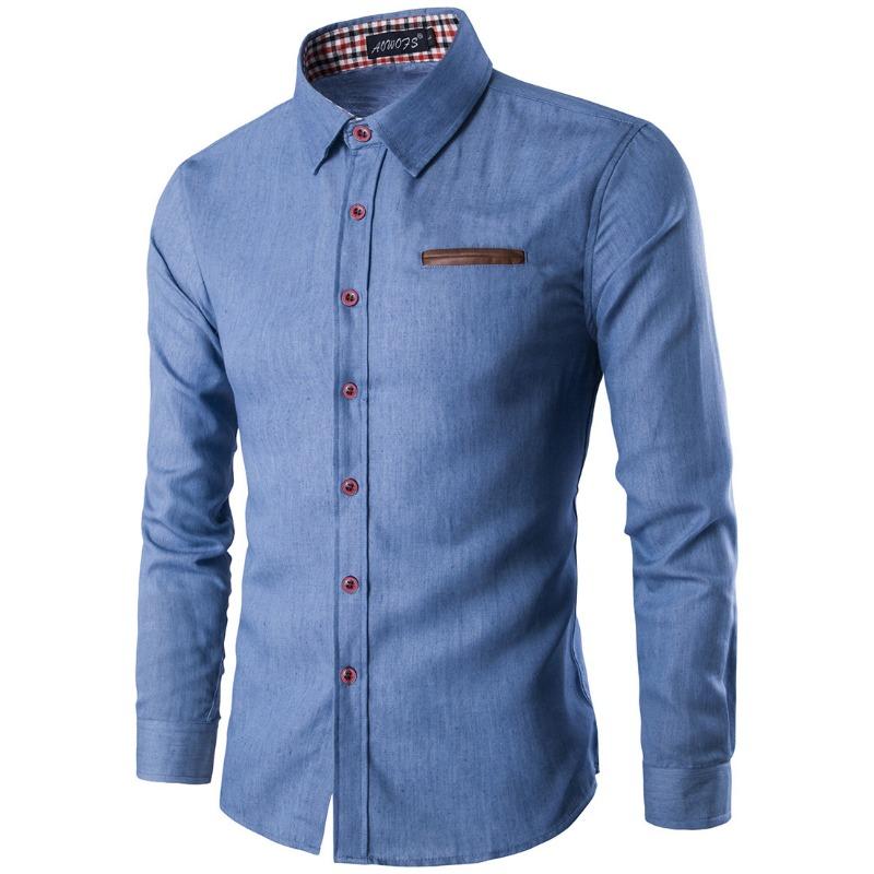 Spring Autumn Hot Men's Casual Shirt Pocket Splicing Cotton Slim Fit Long Sleeved Shirt Cowboy Shirt Men