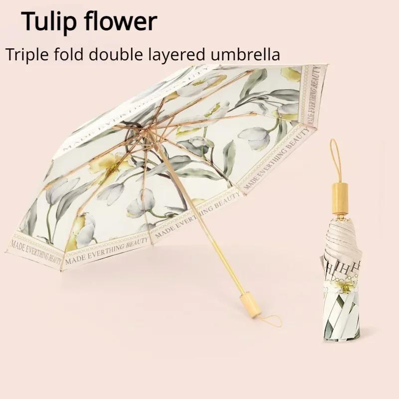 Double Layer Umbrella Wood Handle Vintage Floral Three Fold Umbrellas Foldable Uv Protection Sunshade Sun Protection Umbrellas
