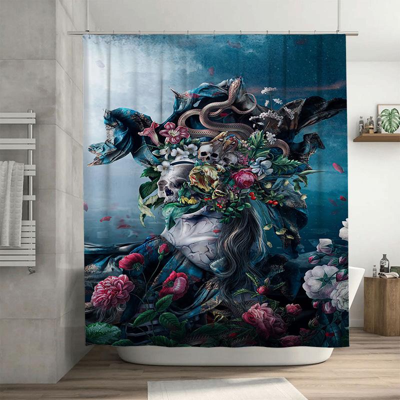 

Dark Fantasy Shower Curtain Gothic Flowers Skulls Snake Print for Bathroom Decorations in Blue Red White Colorway Size 180x240cm 90x180cm