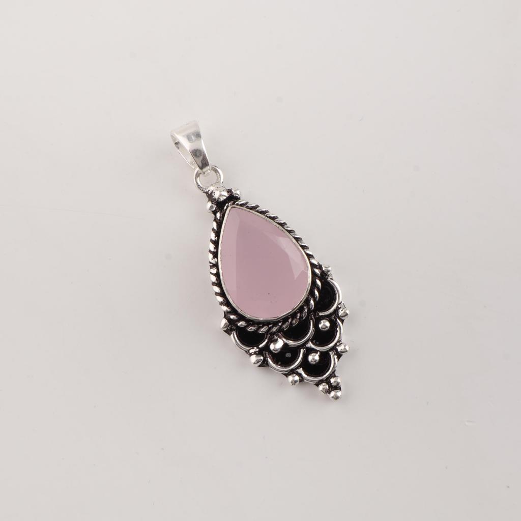 Rose Chalcedony Gemstone 925 Sterling Silver Handmade Designer Pendant 1.5" For Gift PP-70-18