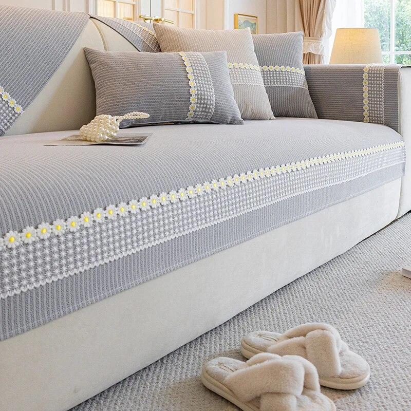 

Кружевная диванная подушка с изображением ромашки, универсальные диванные подушки с вышивкой на четыре сезона, нескользящие маленькие свежие синельные диванные чехлы 70x70cm 1pcs