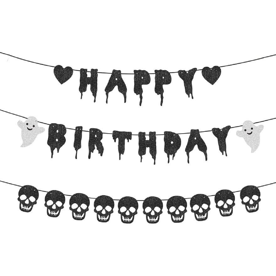 Halloween Birthday Party Decorations - Black Glitter Happy Birthday Banner with Black Heart Skull Garland