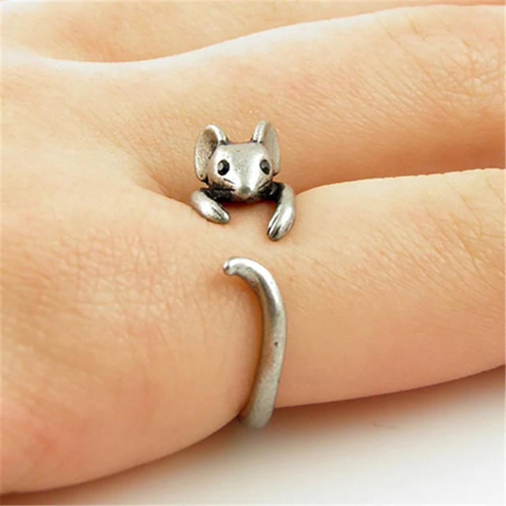 Verstellbarer Vintage Silberfarbener Niedlicher Mäuse-Tier-Wickelring Offener Band Statement-Ring für Damen