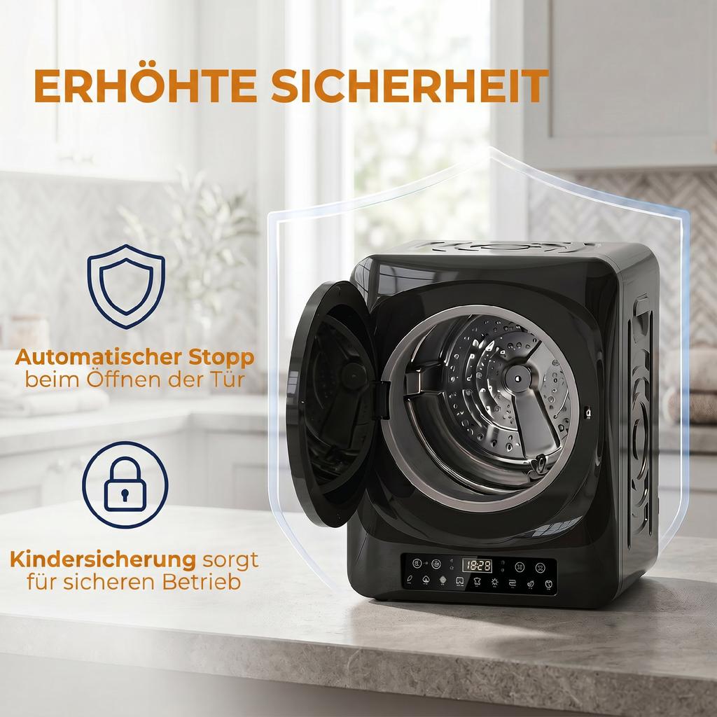 1000 W Kompakter Ablufttrockner mit Extra-Trocken- & ECO-Modi, Timer und Temperatureinstellungen, Schwarz