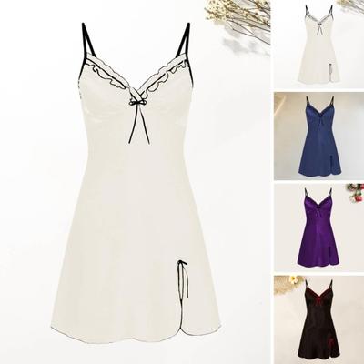 Kadın Yaz Gecelik Dantel Düz Renk V Yaka Spagetti Kayışı A-line Yay Dekor Backless Saten Pürüzsüz Yumuşak Pijama Gecelik
