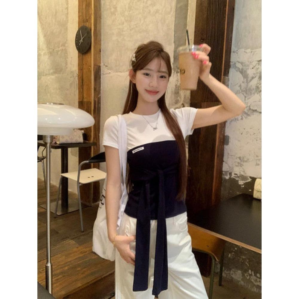 Patchwork Contrast Color Strapped Short-sleeve T-shirt Women New Summer Slim Short Top Pure Desire Style