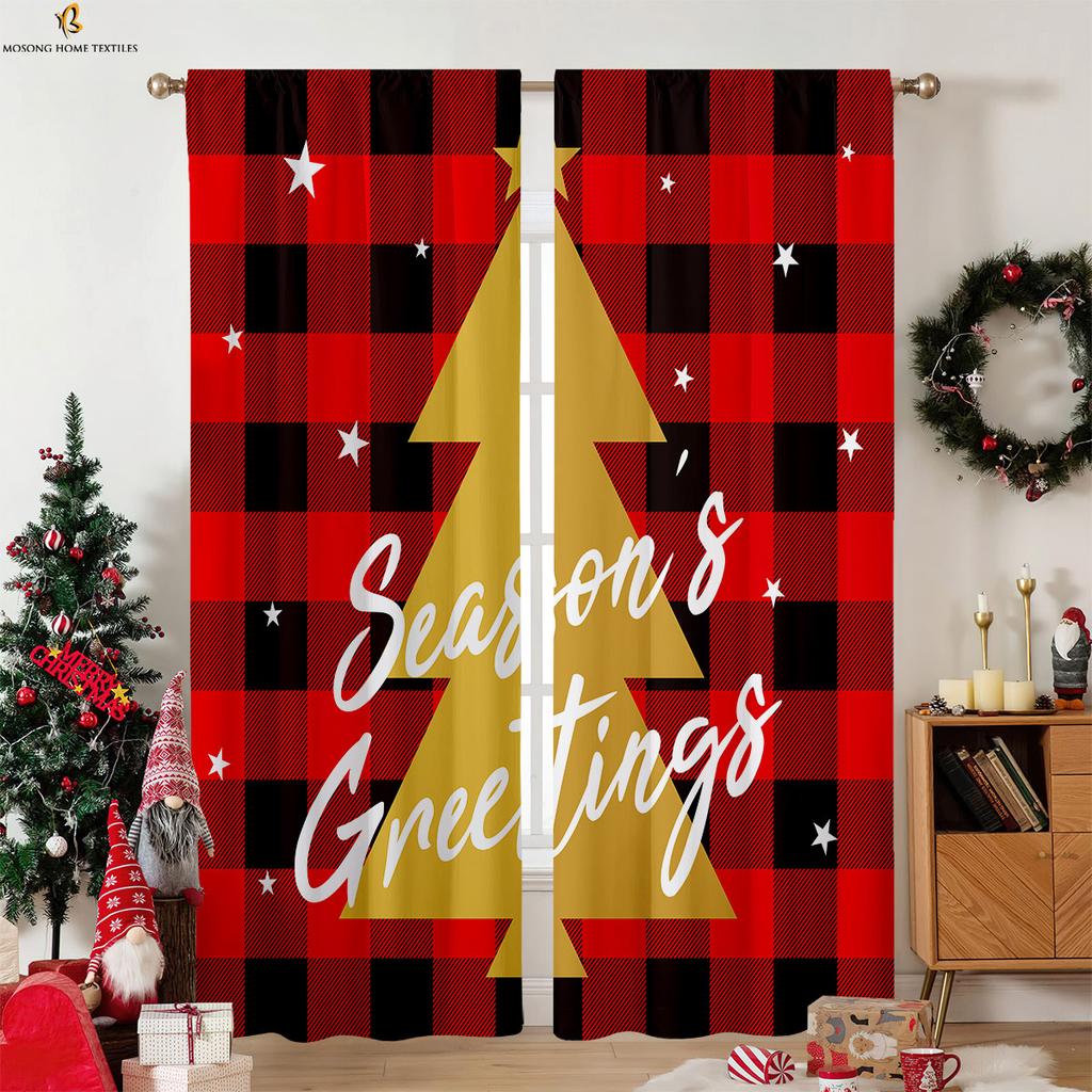 Vintage Red Plaid Christmas Pattern Printed Curtains Fireplace Christmas Tree Decoration Curtains Restaurant Party Decoration