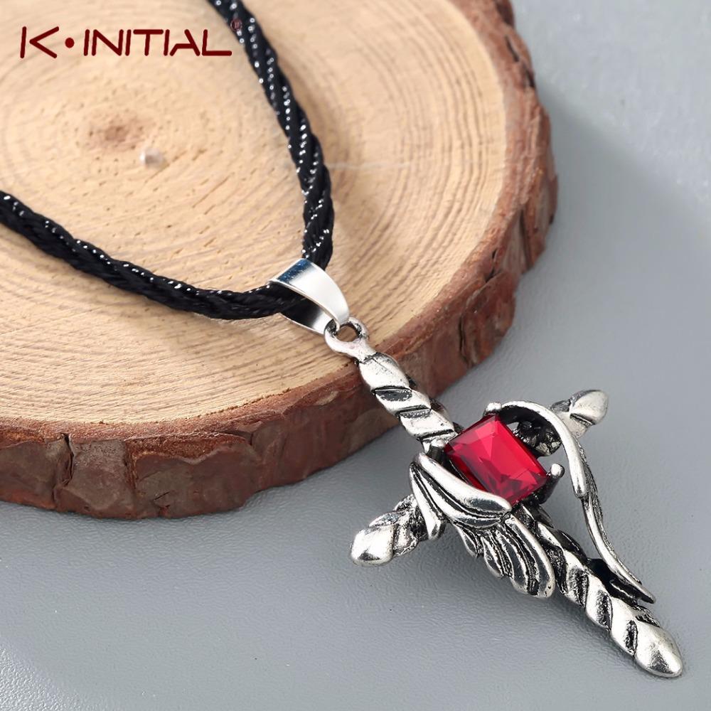 Kinitial Gothic Punk Style Red Cubic Zirconia Inlay Dragon Cross Wings Pendant Necklace for Men Charm Choker Jewelry
