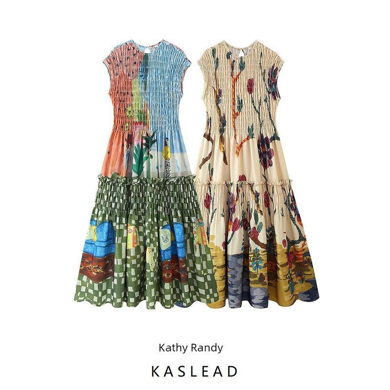 Kaslead New Women Clothes Western Style Fashion Simple Loose Pleated Print Dress