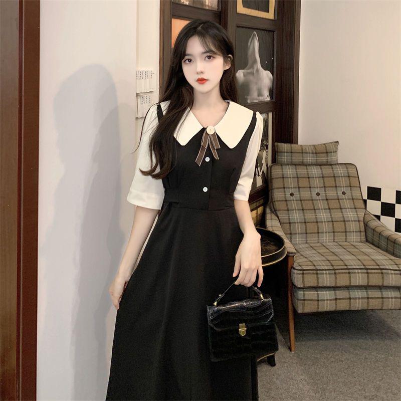 Robe ajustée grande taille style rétro français à col poupée avec jupe patchwork