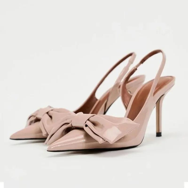 

Bowknot High Heels Women Party Prom Shoes Patent Leather Stilettos Pointed Toe Summer Slingbacks Classic Design Ladies Sandals 36 бежевий