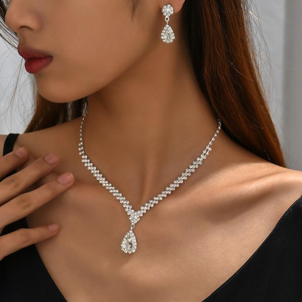 Zircon Necklace Earring Set Luxury Rhinestone Bracelet Trendy Bridal Jewelry Set  Wedding