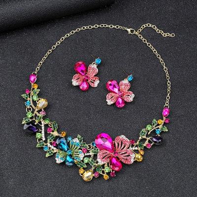 1 Set Women Necklace Earrings Set Colorful Rhinestone Flower Leaf Shape Hollow Neck Ear Jewelry Luxury Stainless Anti-rust Bride Prom Party