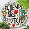 Mfoever Blikken Bord Vintage Spaanse Citaat El Tiempo De Dios Es Perfecto Metalen Blikken Bord Retro Religieuze Uitspraak met Zon Hart Zandloper Rond Muur A