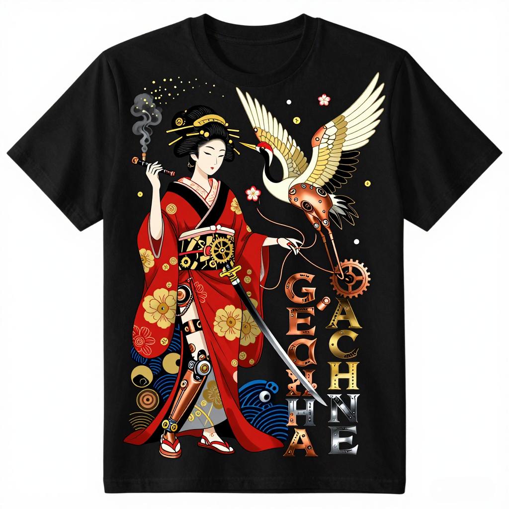 Geisha Steampunk Red Kimono Crane Print Unisex Unisex Tshirt Japanese Ukiyoe Mechanical Gear Wave Graphic Cotton Short Sleeve Tops M