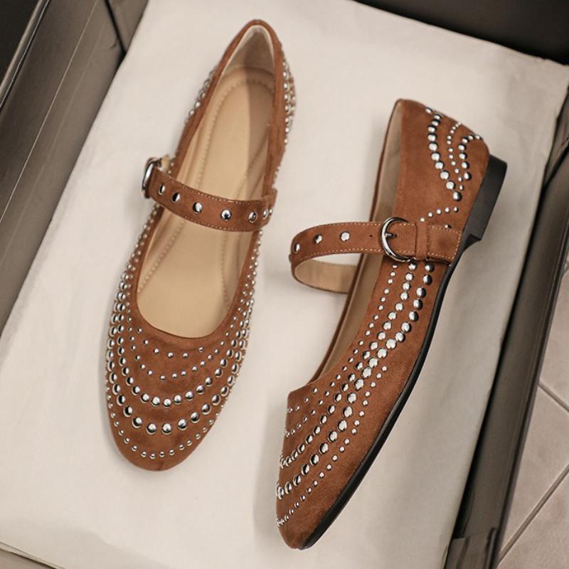 Fashion Retro Rivet Mary Jane Shoes Women Belt Buckle Shallow Round Toe Single Shoes Female Fashion Suede Elegant Dress Shoes Ladies