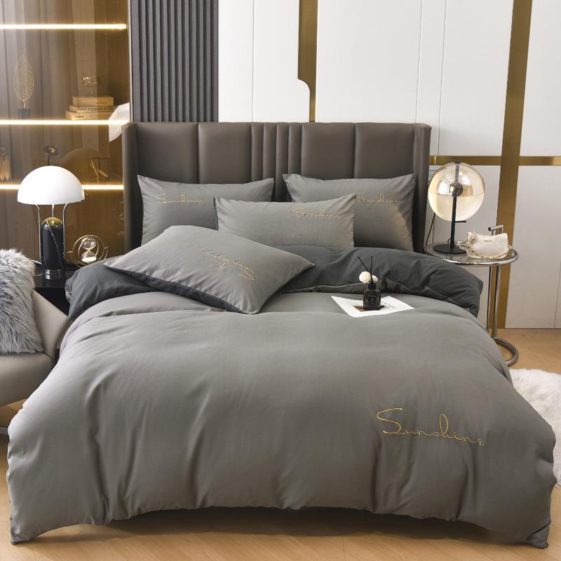 Solid Color Embroidery Simple Grinding Four-piece Set European Solid Color Embroidery Quilt Cover Bed Sheet Bedding