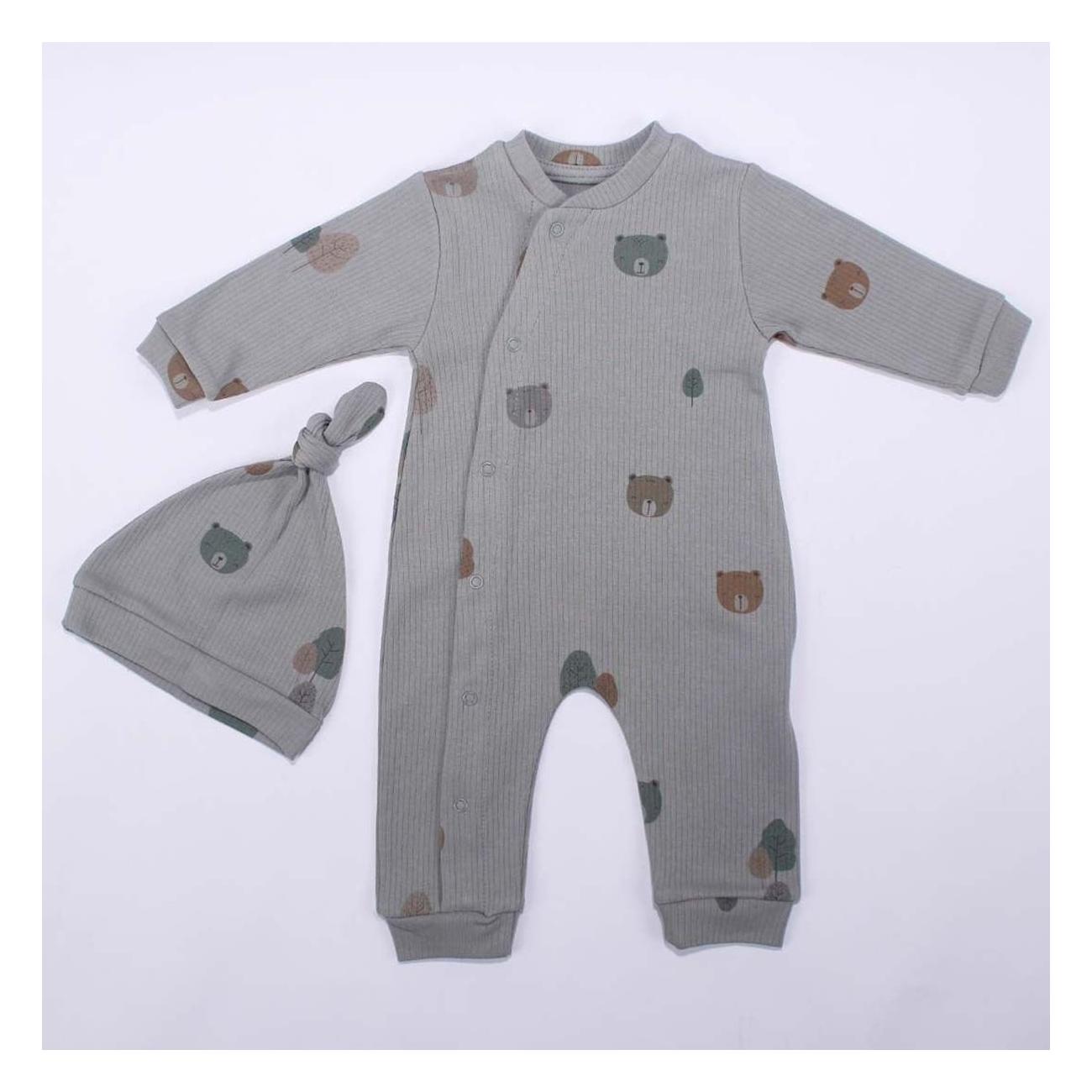 

Baby Boy White Bear Printed Beanie Snap Snap Jumpsuit