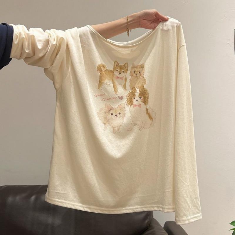 Korean Style Apricot Sweet Dog Print Thin Long Sleeve T Shirt For Women