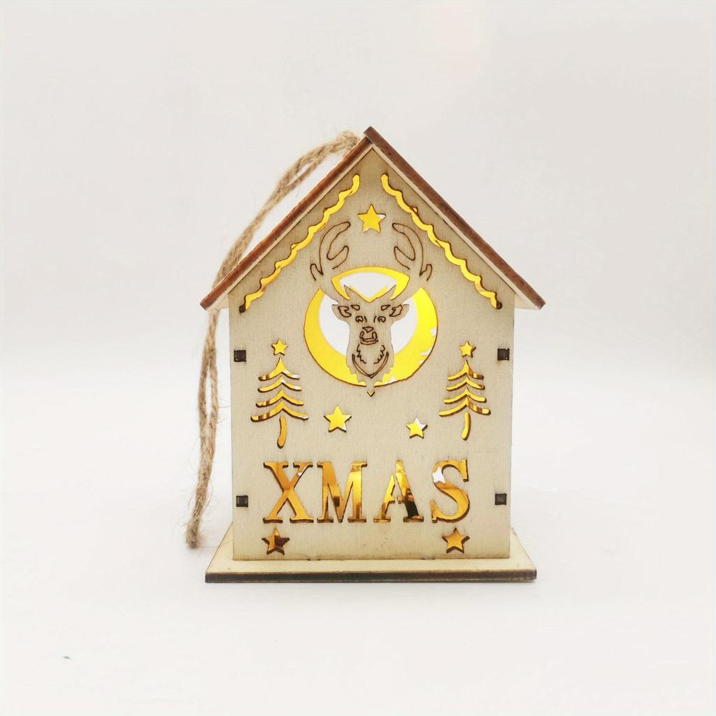 1PC Christmas Wooden Crafts Wooden Christmas Small House Cabin Lighting Ornaments Pendant Christmas Tree Decoration