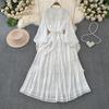 Lace Puff Sleeve Long Dresses Solid Korean Fashion Singe Breasted Elegant Retro Autumn Long Dress Ruffles Bow Women Dress