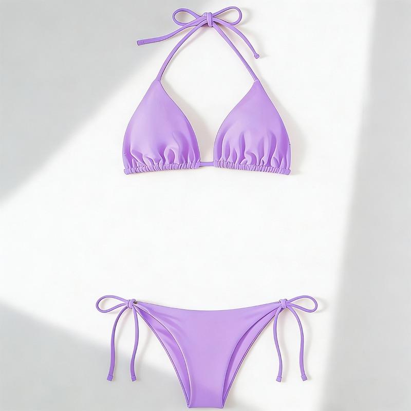 Women's Sexy Slim Fit Bikini Set, Tropical Print Halter Lace-up Triangle Swimsuit