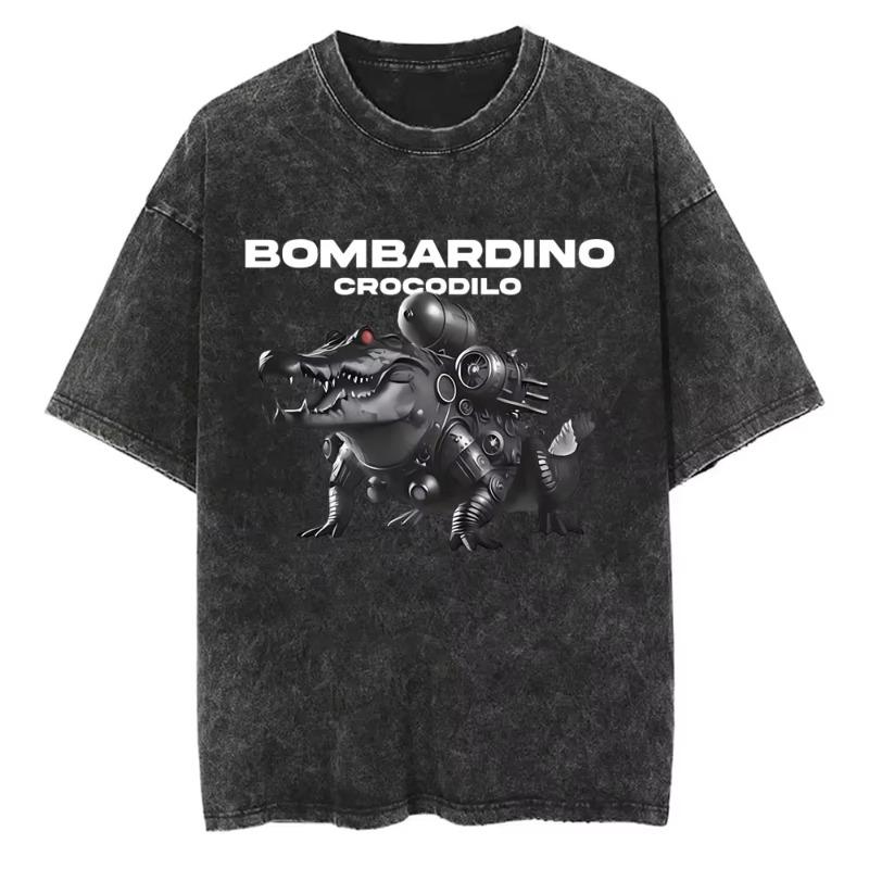 Vintage Washed Bombardiro Crocodilo T Shirt Funny Plane Bomber Crocodile Meme T-shirts Men Women Gothic Casual Humor T Shirts