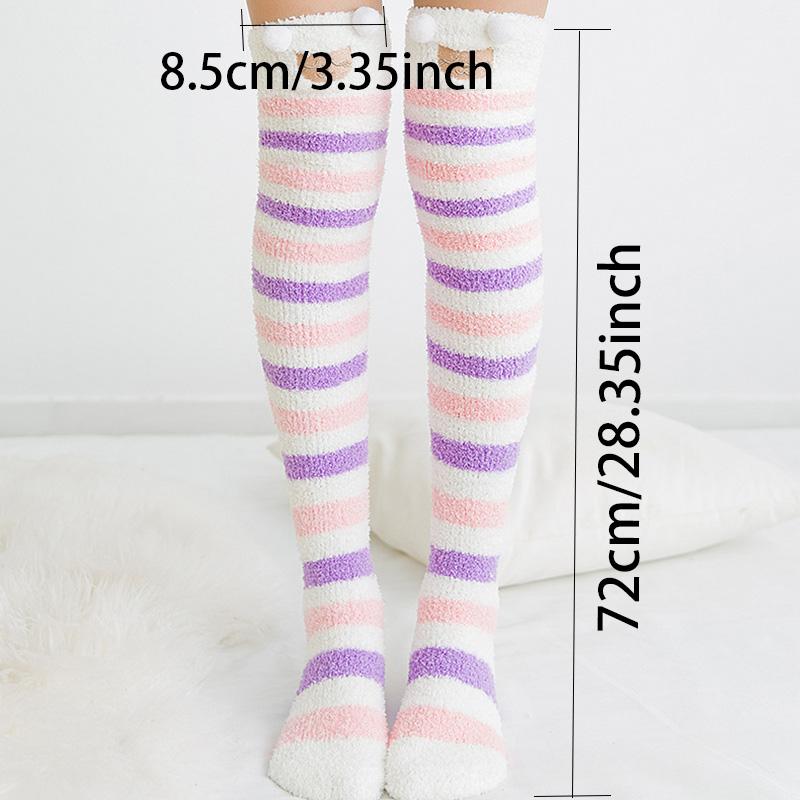 Soft Coral Fleece Sweet Knee Socks Winter Warm Girl Women Cute Cartoon Animal Stockings Striped Cozy Thigh High Christmas Gift